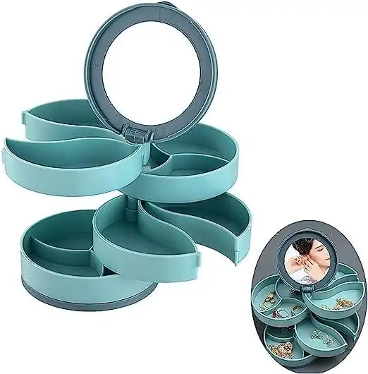 Multi-Layer Rotating Jewelry Organizer Box with Mirror – Compact Storage Case for Rings, Earrings & Accessories